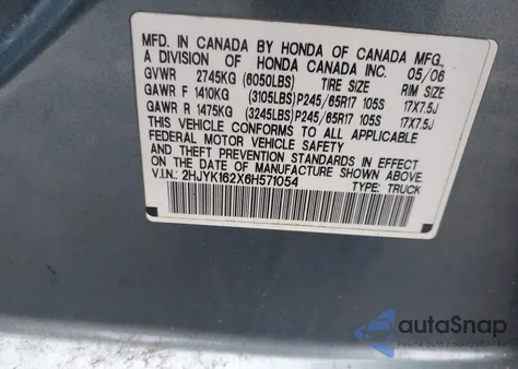 2006 Honda Ridgeline Rt from USA, damaged, VIN 2HJYK162X6H571054